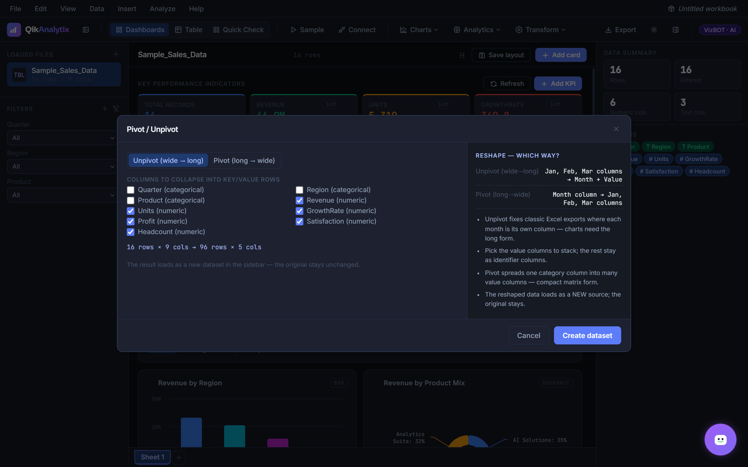 Pivot / Unpivot reshape dialog